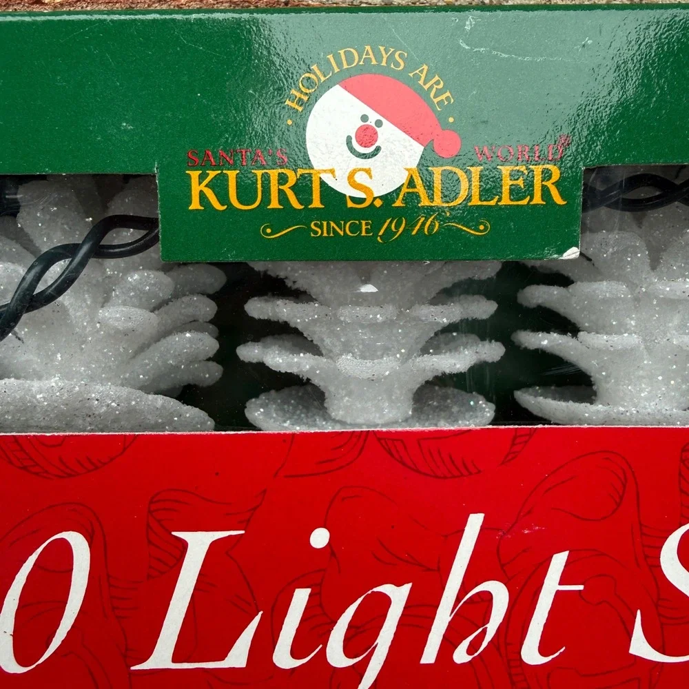Kurt Adler Vintage 10 Light Set White Glitter Pinecone Christmas String Lights